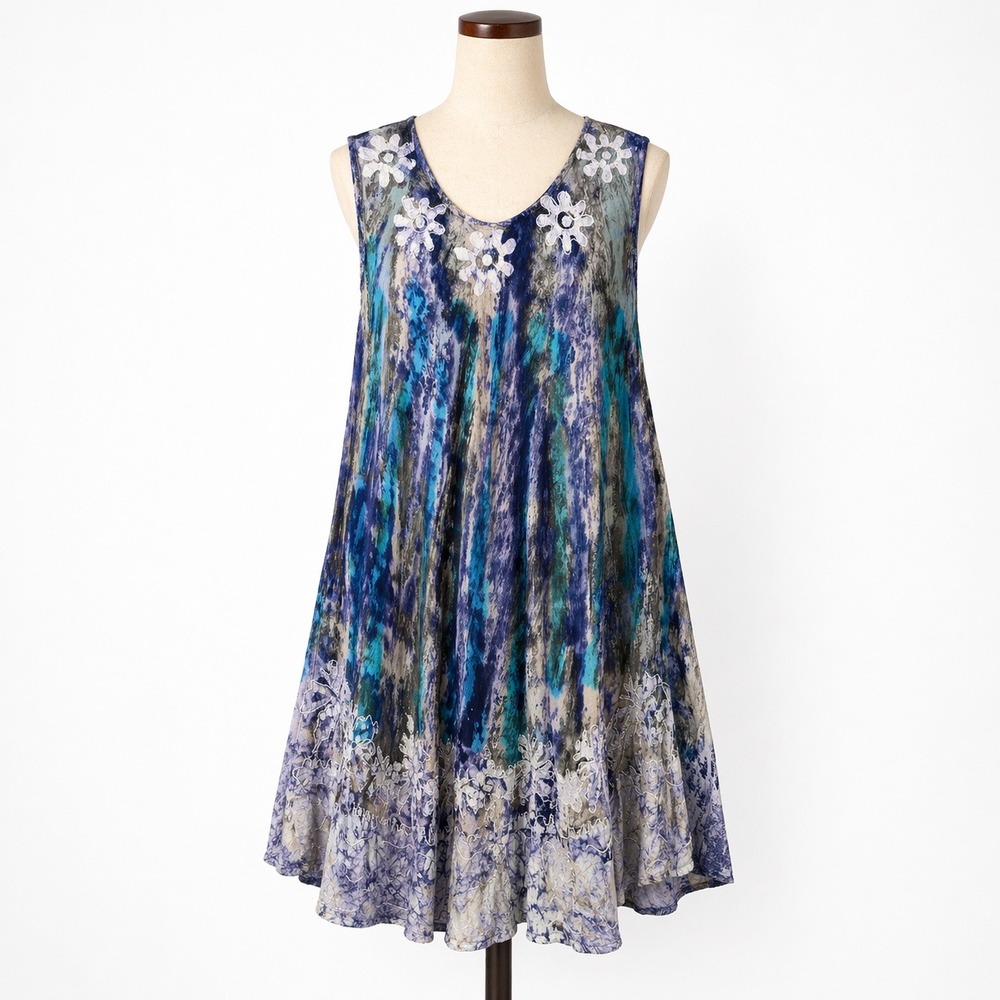 Y2K Earthy Tie Dye Floral Embroidered Dress Blue Purple Boho Hippie Indie Grunge